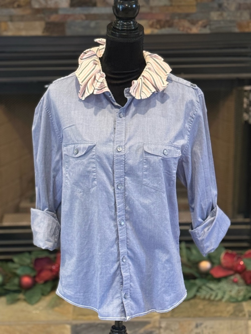 Light Blue Button-Up Shirt with Striped Ruffle Collar